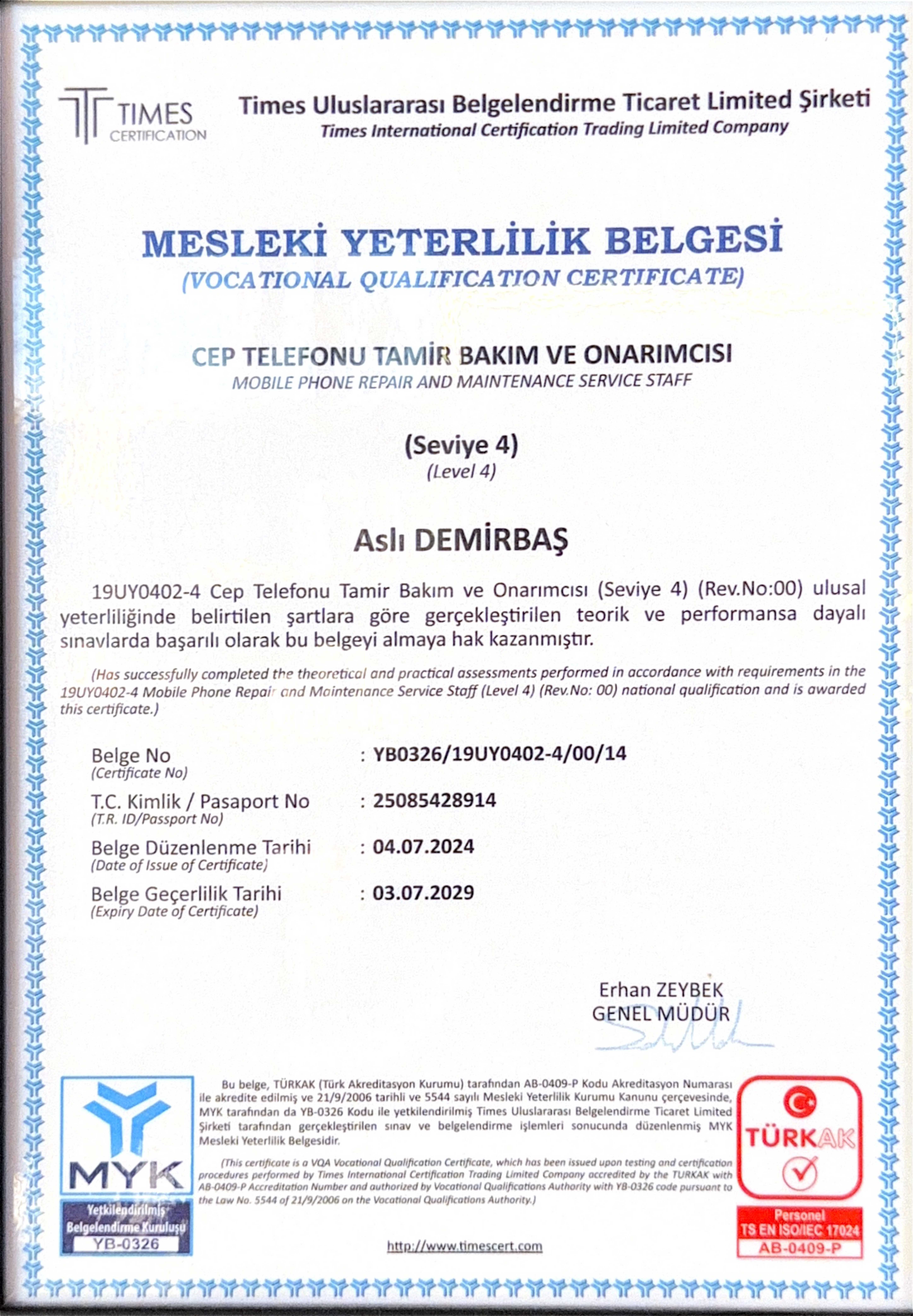 Aslı Demirbaş Mesleki Yeterlilik Belgesi