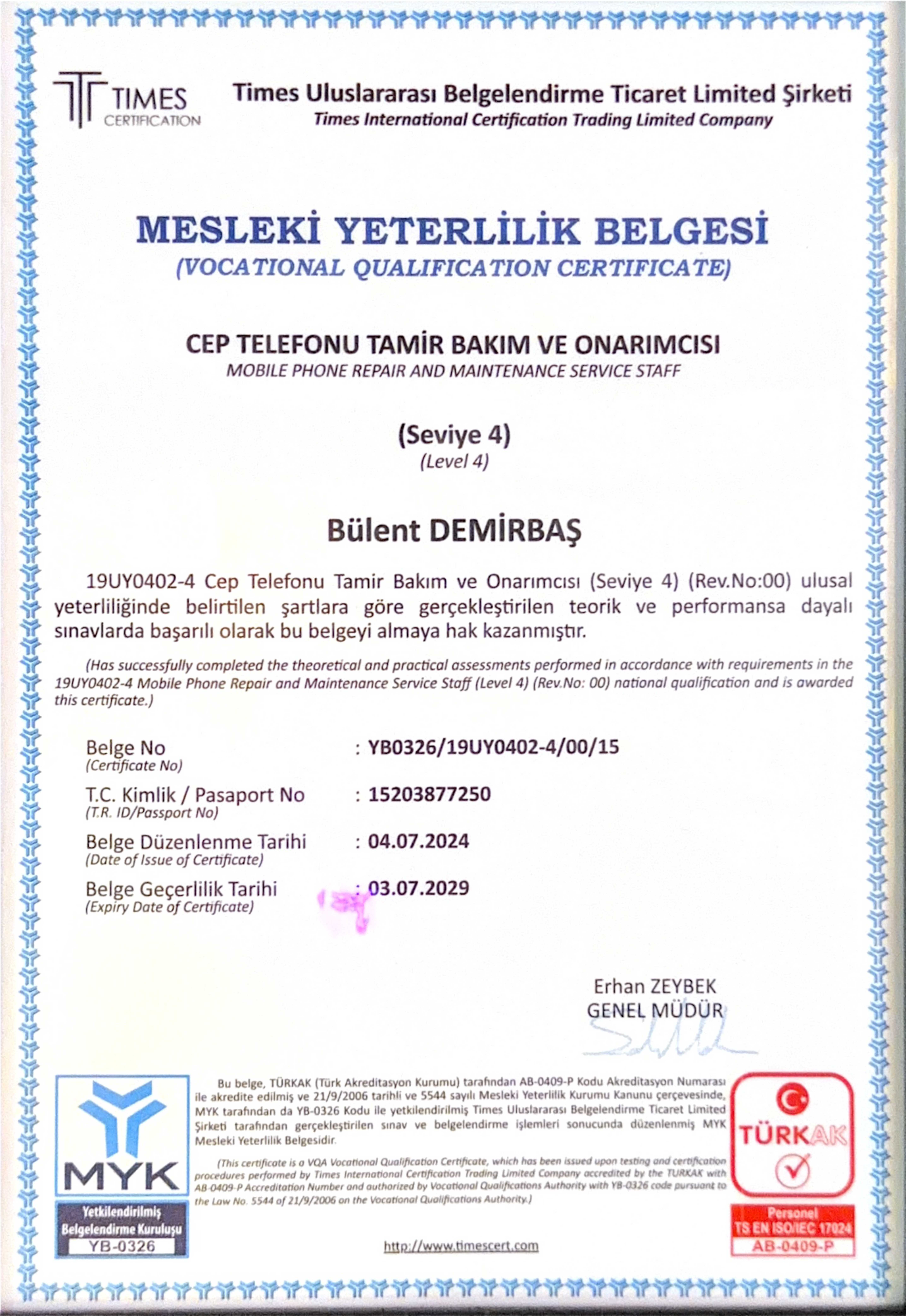 Bülent Demirbaş Mesleki Yeterlilik Belgesi
